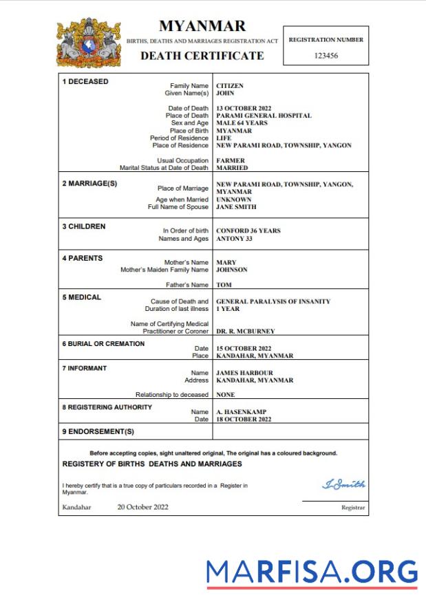 Printable Myanmar death certificate Word and PDF template
